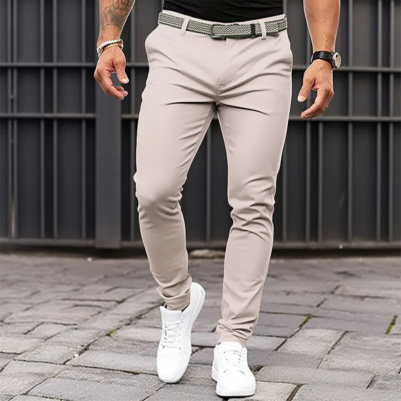 Pantaloni slim fit da uomo in tinta unita con tasche frontali e cerniere per abbigliamento casual da lavoro con pantaloni con fondo affusolato da uomo
