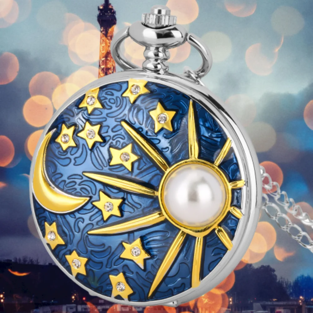 Elegante reloj de bolsillo de cuarzo con diseño de estrellas, Luna, sol, oro y azul, colgante Retro plateado, reloj de bolsillo con esfera de números árabes