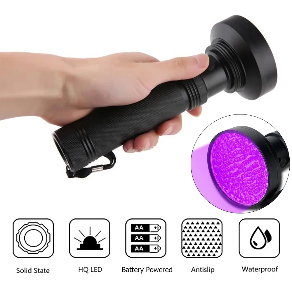 

100LEDs Ultraviolet Flashlight Black Shell LED 395nm UV Light Lamp Battery Powered Aluminum Torch Detector for Dog Urine Stains