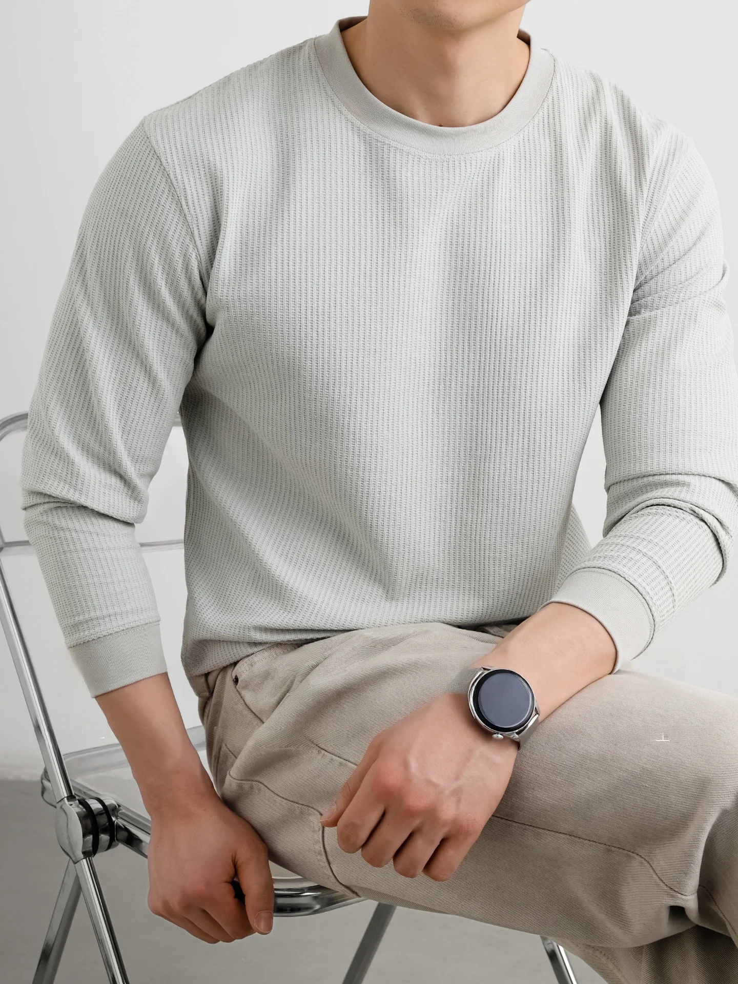 Lightweight Honeycomb Texture Long Sleeve T-Shirt Men's Simple Design Base Shirt Casual Style Polyester Fiber Breathable