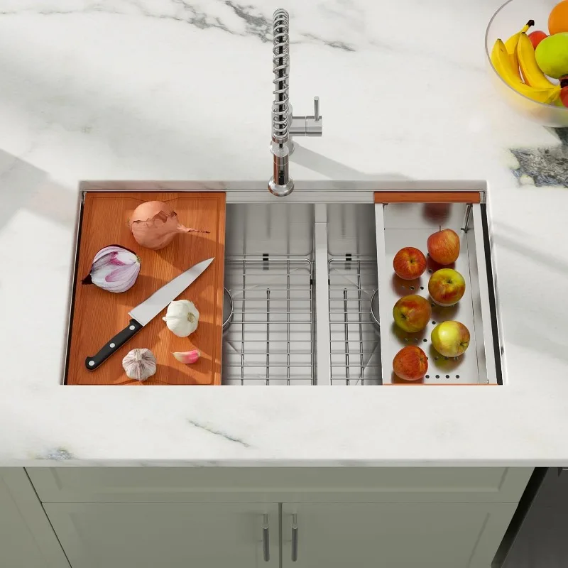 Dcolora 36Inch Large Double Bowl Low-Divide Kitchen Sink Undermount 16 Gauge Stainless Steel 60/40 Split Workstation,36"x19"x10"