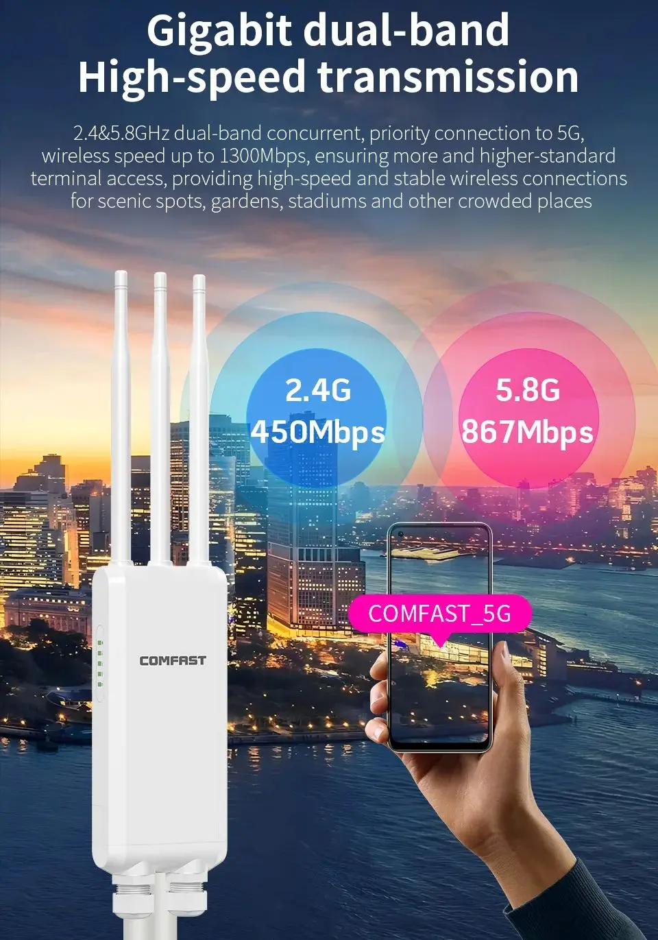 COMFAST 1300Mbps Outdoor WiFi Extender High Power Wireless Router AP 2.4G/5.8G Long Range Signal WiFi Repeater 48V POE CF-EW85V2