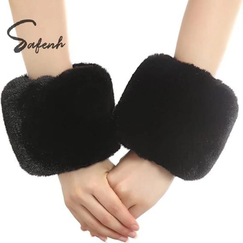 

Женские зимние холодные теплые эластичные манжеты на запястьях из искусственного меха, декоративные манжеты на запястье, женские однотонные грелки для рук, плюшевая защита на запястье