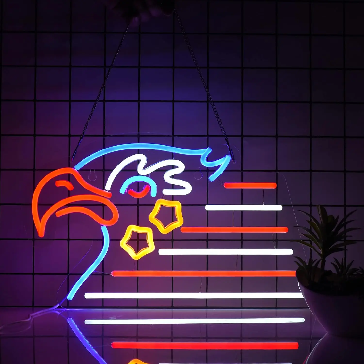 American Eagle Head Neon Sign Patriotic US Flag Style with Stars LED Light for Home Bar Restaurant Man Cave Wall Art Decor Gift