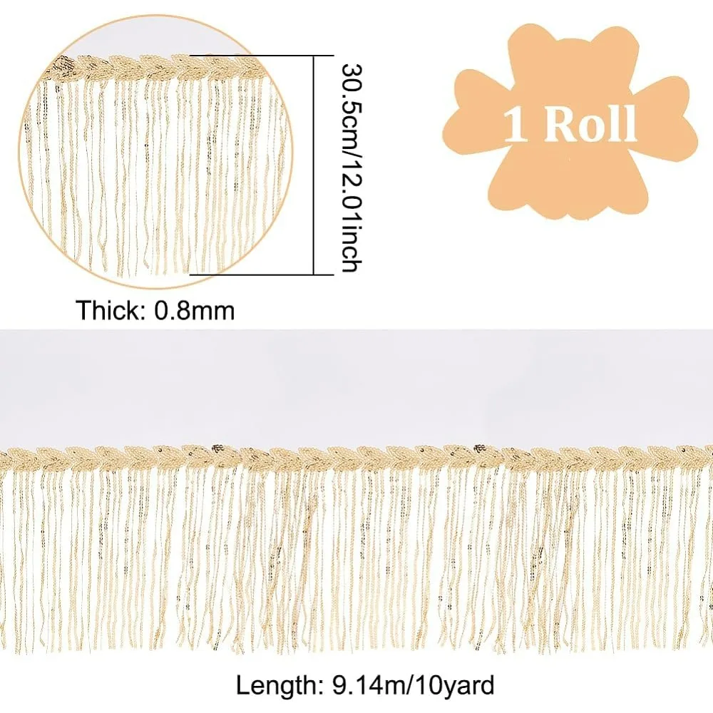 10Yard PVC Sewing Fringe Trim 7.87inch Wide Gold Sequins Lace Tassel Fringe Trim for DIY Craft Clothing Garment Curtain