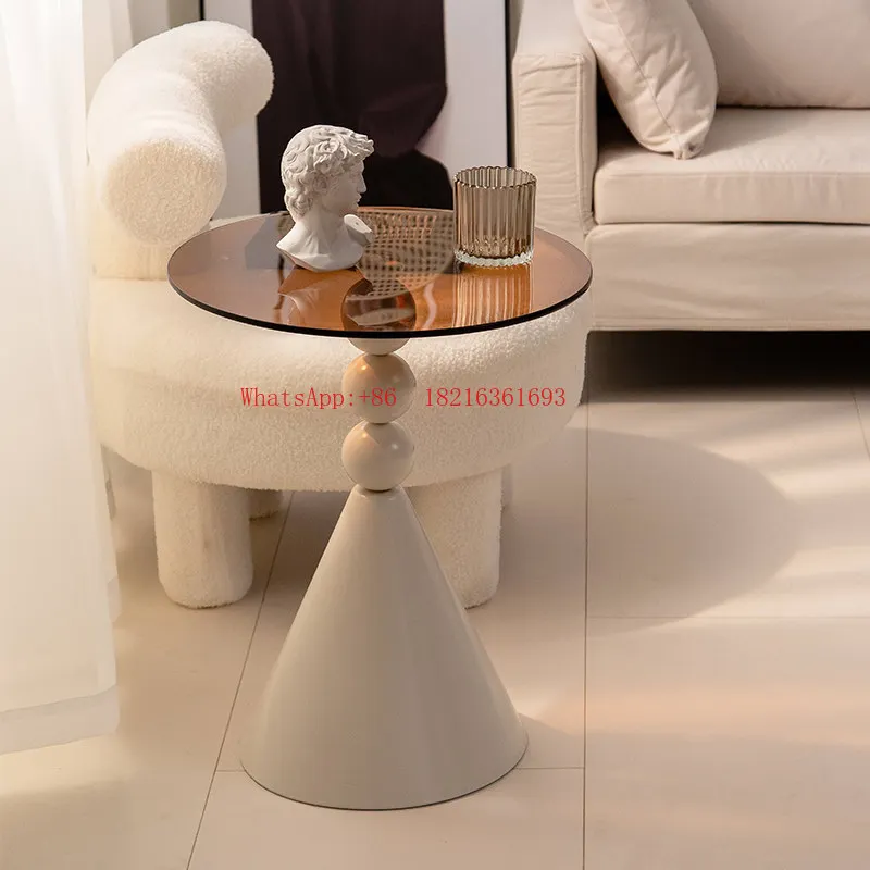 European-style Sofa Side Table, Light Luxury and Simple Living Room Glass Design, Corner Table, Round Tea Table