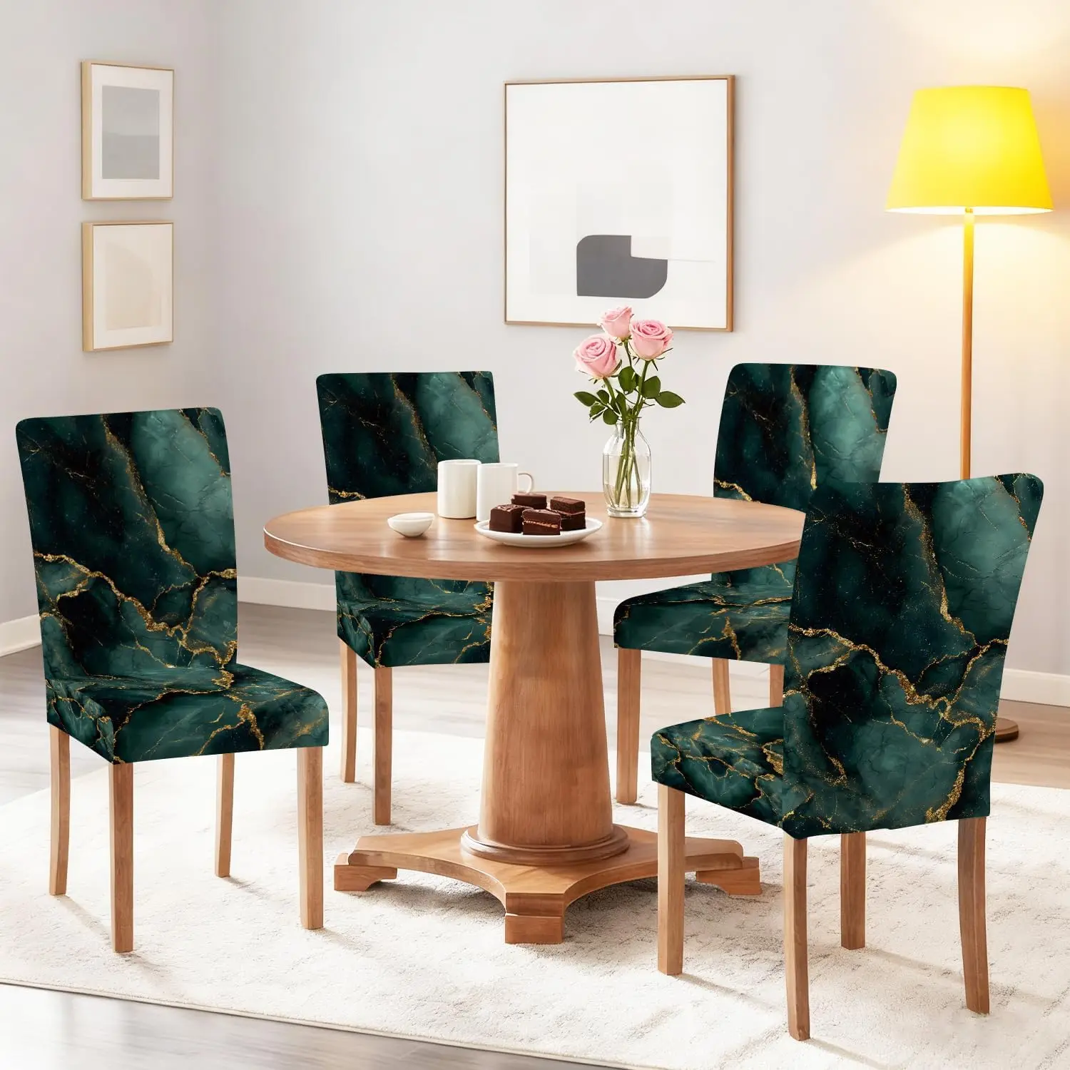 Green Marble Dining Chair Cover 1 Pc, Stretch Removable Slipcover Anti-dust Seat Protector for Kitchen Wedding Party