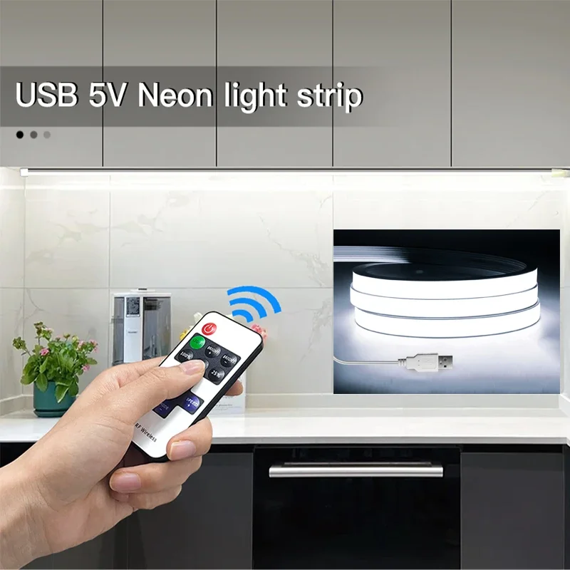 

Wireless Dimmable RF Remote Control USB 5V COB Neon Strip Light Pure Silicone Tube Waterproof For Home Kitchen Bedroom Lighting