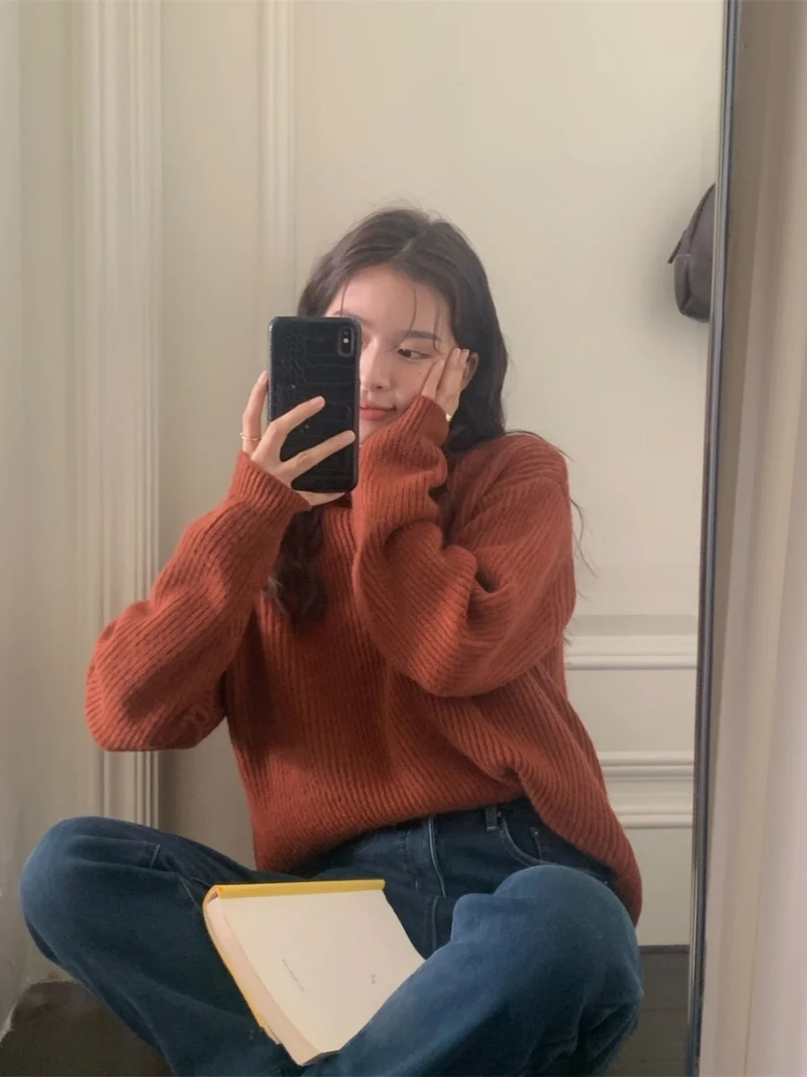 سترة محبوكة بياقة عالية من Thiened سترة نسائية كسول بلون نقي كبير سترة رقيق إحساس كراميل لاتيه Sle تصميم حلو #4