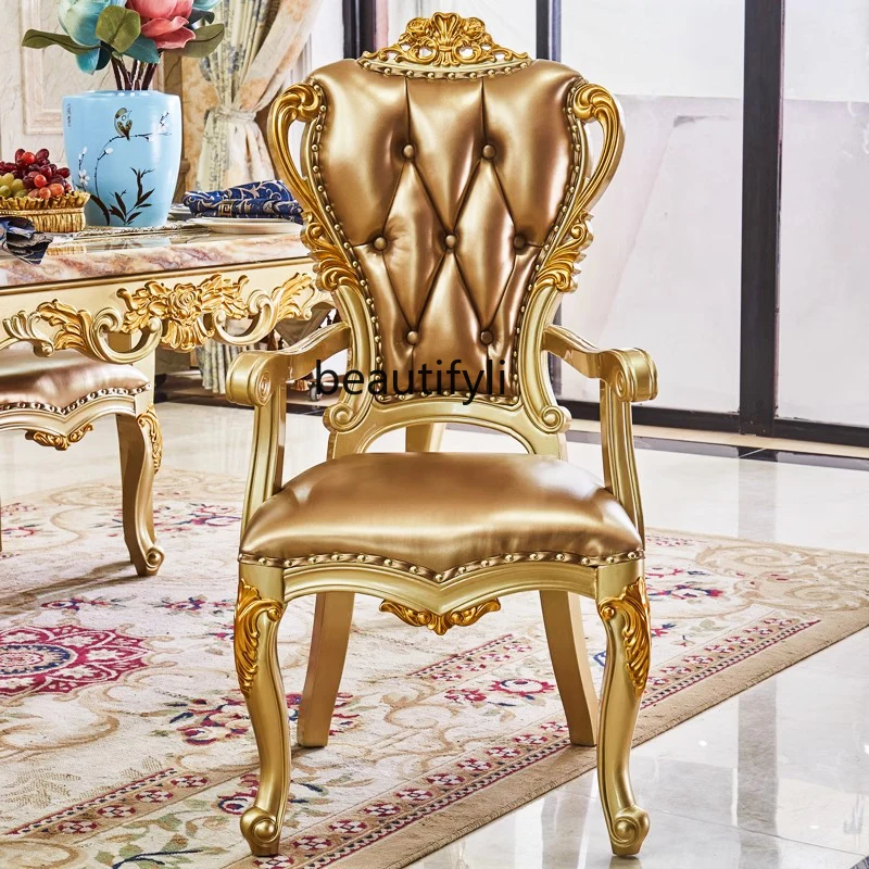 

Solid wood leather dining chair American retro home aristocratic gold armchair back chair