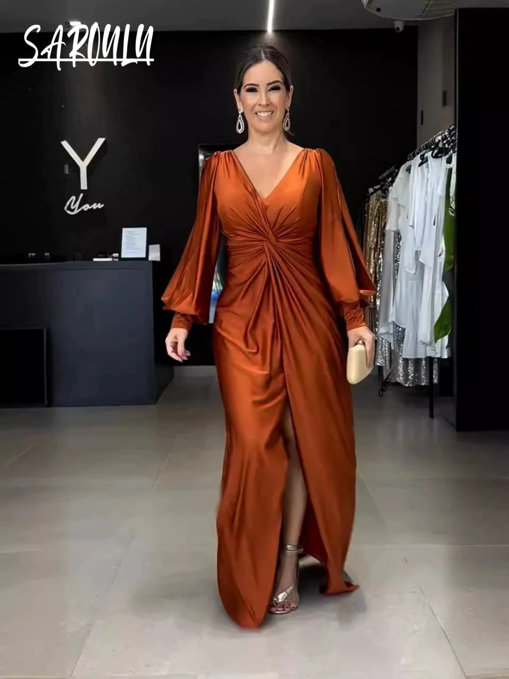 

Formal Occasions Women Satin Evening Dress Simple Pleated V Neck Prom Gown Sexy Front Slit Popular Zipper Back Party Wear