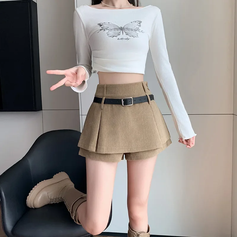 Khaki A- Line Boots Shorts Women's Autumn/Winter 2024 New Style High-Waisted Corduroy Skort With Plenty Of Pleats