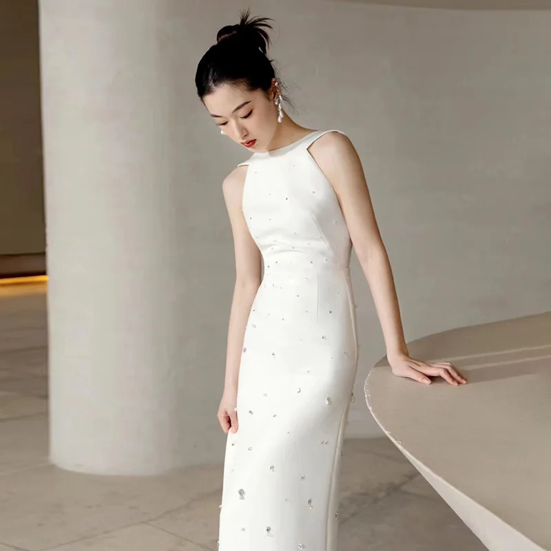 

Простое атласное свадебное платье с разрезом для невесты, корейский стиль, для выездной церемонии на открытом воздухе, с молнией на талии