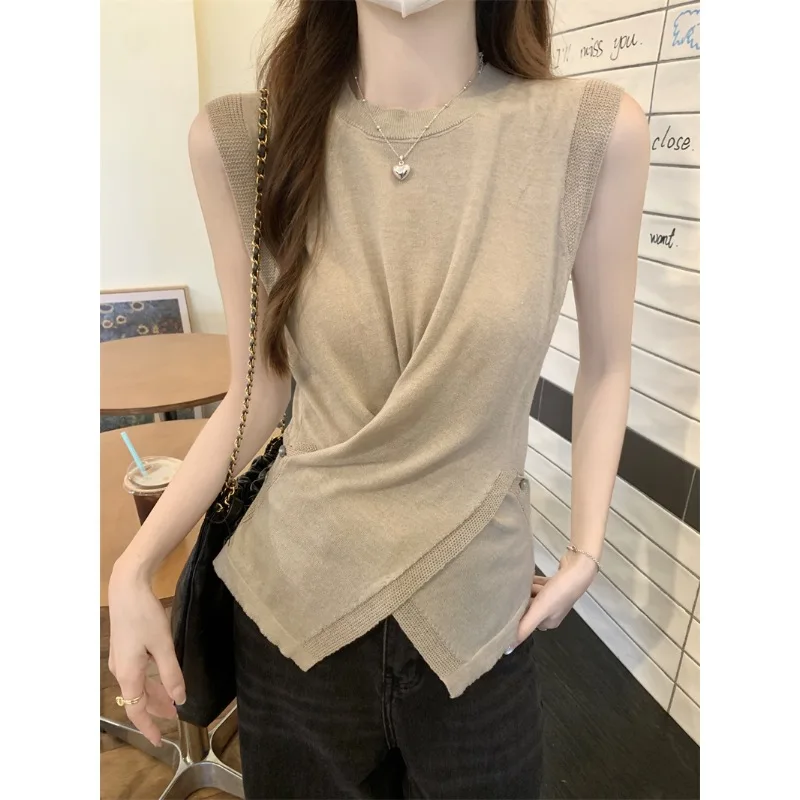 

Women's T-shirt Fashion Chic Summer Thin Knitted Solid Sleeveless Top Irregular Casual Pleated Button Vest Clothing Korean Style