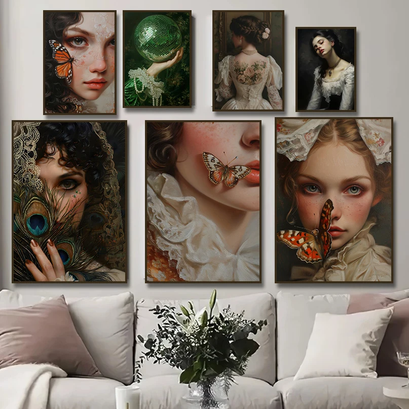 Dark Academic Retro Moody Victorian Butterfly Tattoo Woman Posters and Print Canvas Wall Art Painting for Living Room Home Decor