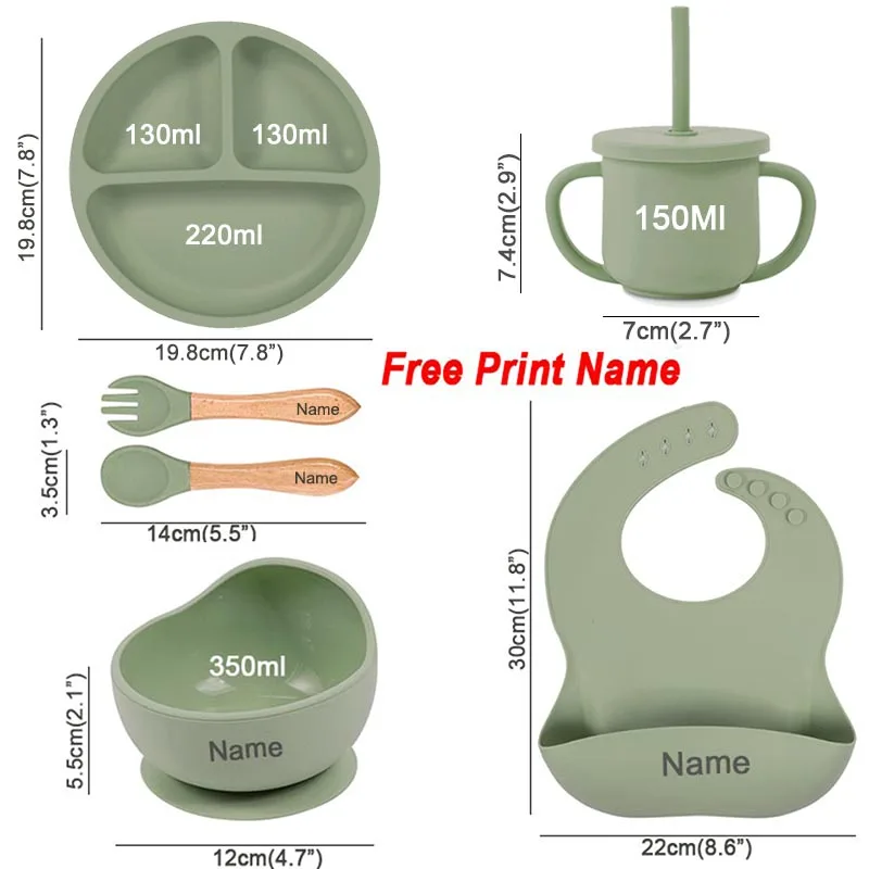 6Pcs Silicone Tableware For Kids Baby Feeding Sets Sucker Bowl Dining Plate Spoon Fork Bib Cup Personalized Name Children's Gift