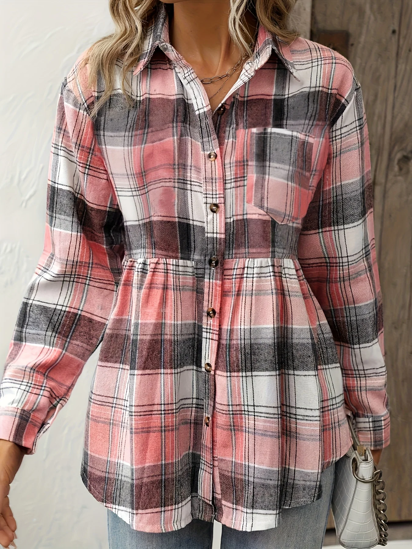 Plaid Print Polo Collar Blouse, Casual Cinched Waist Long Sleeve Blouse For Spring & Fall, Women\'s Clothing