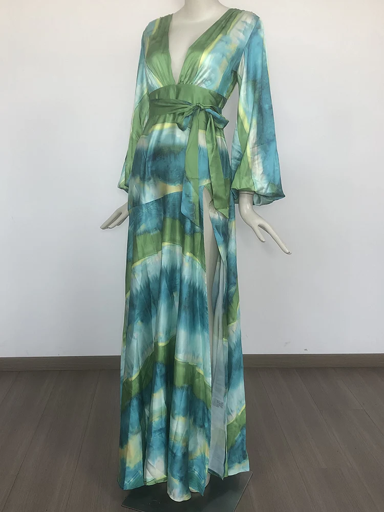 

VC Ethereal Long Dress Gradient Deep V Neck High Slit Formal Resort Elegance Gown with Long Sleeves