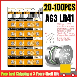 20-100PCS LR41 AG3 SR41 384 392 L736f L736c Batteries for Bow Sight Light Watch Thermometer 1.55V Alkailine Button Batteries