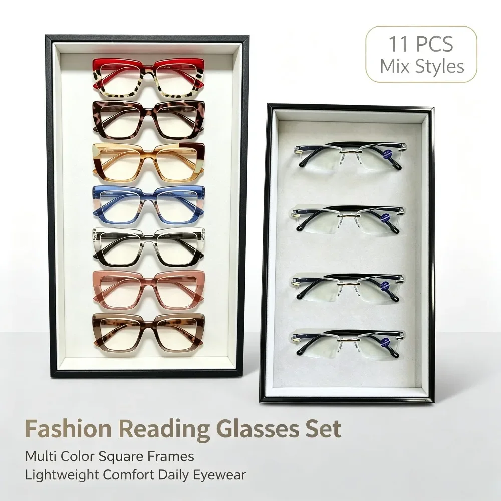11 Extra Large Square Women's Leopard Print Presbyopia, Anti-eye Fatigue, Smart and Comfortable + 1.0 To + 4.0, Suitable for Daily and Office Use, Recommended Christmas and Halloween Gifts. Color Random