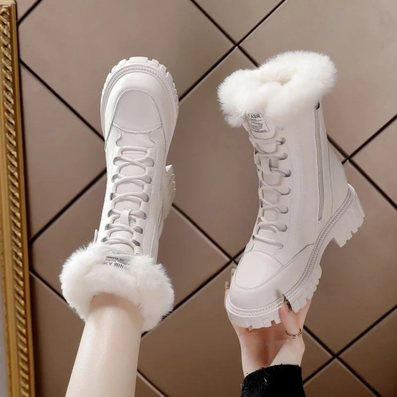 Modische Damen Weiße Kunstfell-Stiefeletten Schnürung Plateau Blockabsatz Warme Winter-Schneestiefel