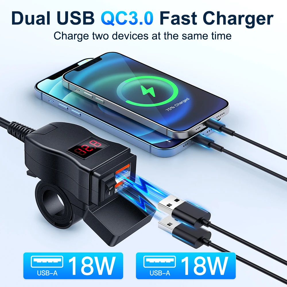 Motorcycle USB Charger QC3.0 Dual Port 18W Waterproof LED Voltmeter, 12V-24V Motorbike Phone Charger Handlebar Rearview Mirror Mount