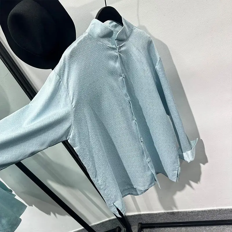 New Chinese Style Dark Pattern Stand Collar Long-Sleeved Shirt Men's Retro Blue Draping Non-Ironing Casual Loose Top