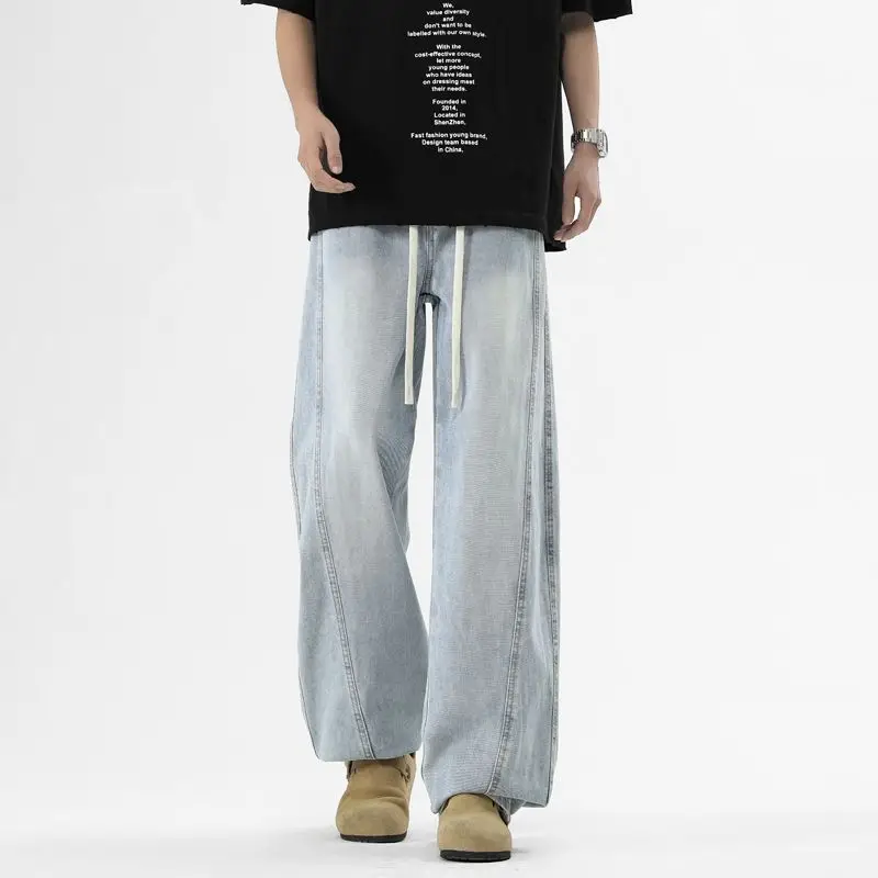 남성용 오버사이즈 워싱 데님 진 봄 가을 캐주얼 팬츠, 하이 스트리트 루즈 스트레이트 와이드 패치워크 팬츠