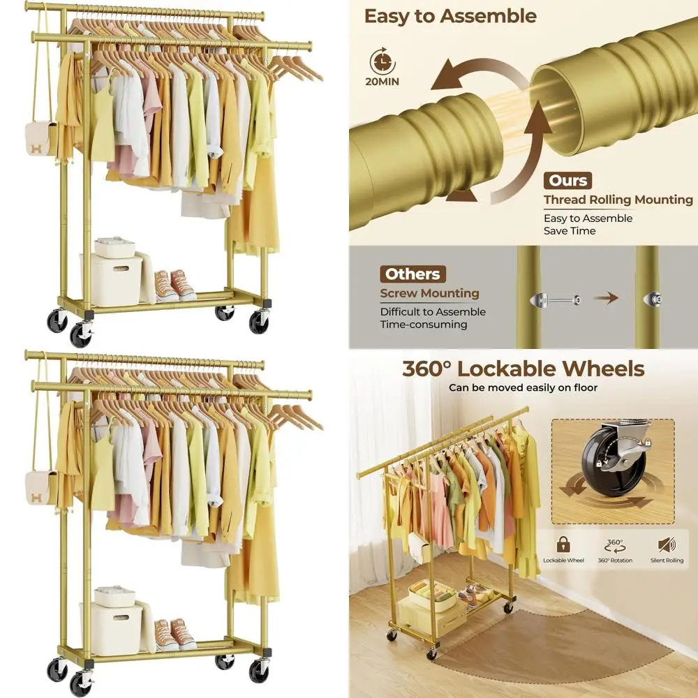 

Gold Metal Rolling Clothing Rack - Portable Hanging Wardrobe for Bedroom, Laundry, Living Room