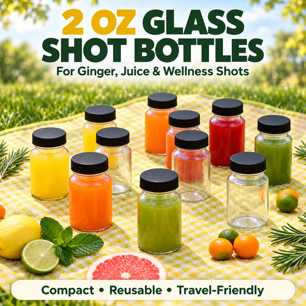 2 oz Glass Shot Bottles Small Clear Jar for Ginger, Wellness Shot, Juice, Sample, Whiskey - Travel Essentials Mini Bottles