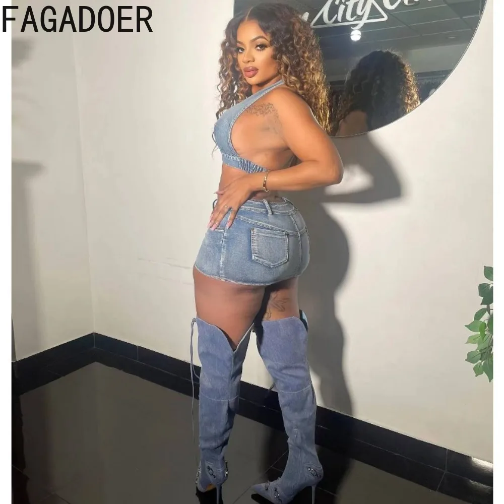 FAGADOER Light Blue Sexy Denim Backless Bodycon Two Piece Sets Women Deep V Sleevless Halter Crop Top+Skirts Outfits Streetwear