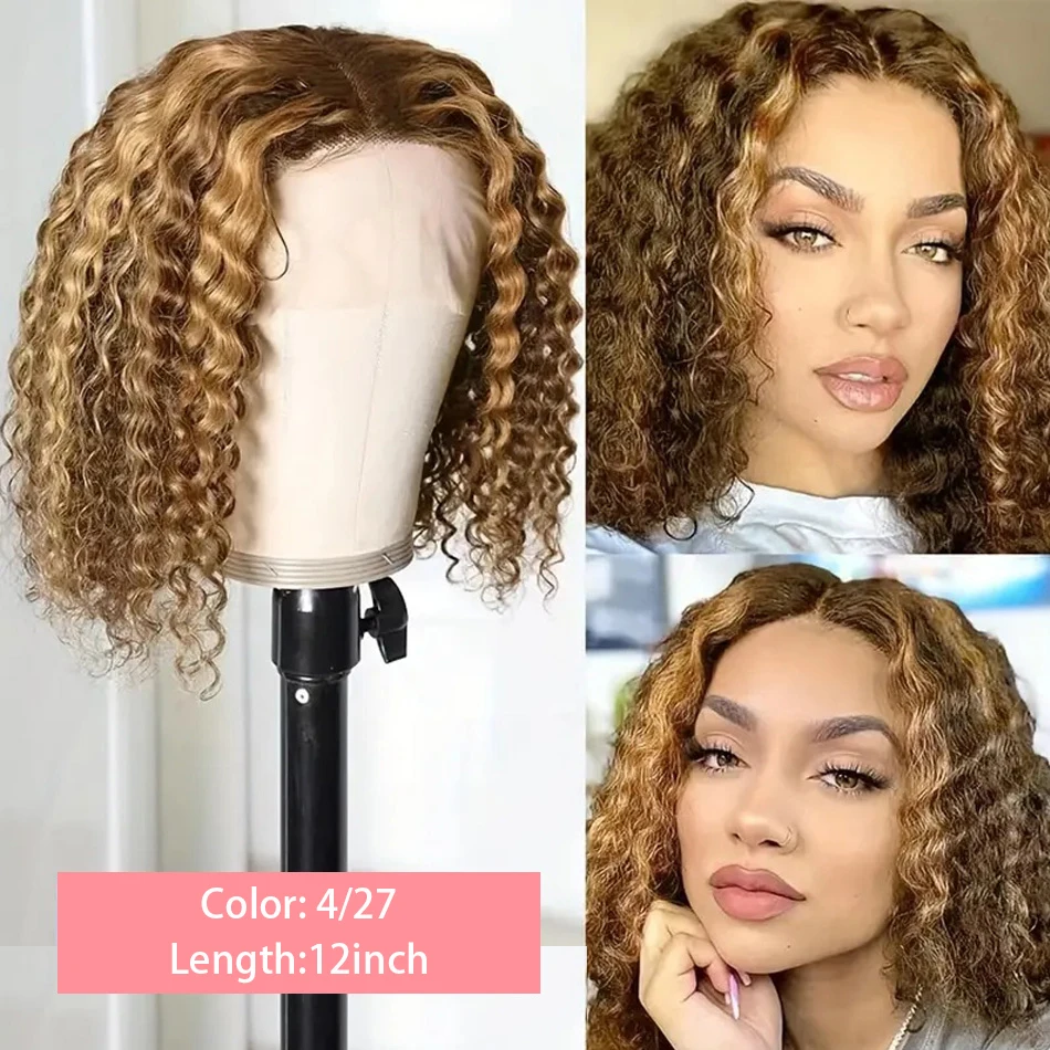 4/27 Highlight Bob Curly Wigs Deep Wave Lace Front Wig Human Hair Short Bob Human Hair Wigs 13x6 Lace Front Bob Wigs For Woman