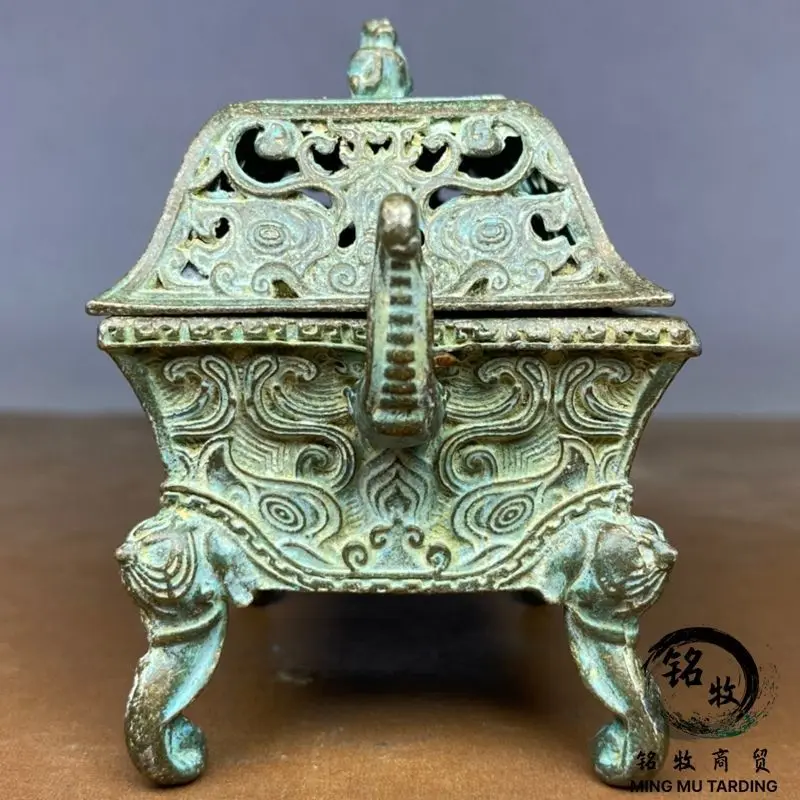Retro Double elephant four-legged square tripod incense burner Ornament Decoration Tea Pet Figurines Desk Decor Accessories