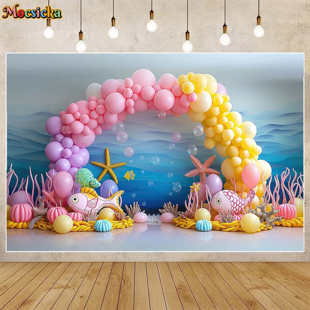 Mocsicka Photography Background Under The Sea Mermaid Arch Balloon Baby Kids Portrait Photo Backdrops Birthday Party Decor Props