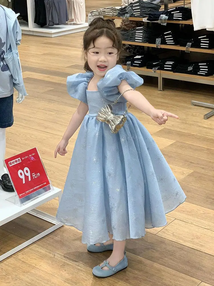 Abbigliamento per bambini 2024 estate corea nuovo dolce elegante manica a bolle vestito da principessa ragazze vestito di compleanno azzurro