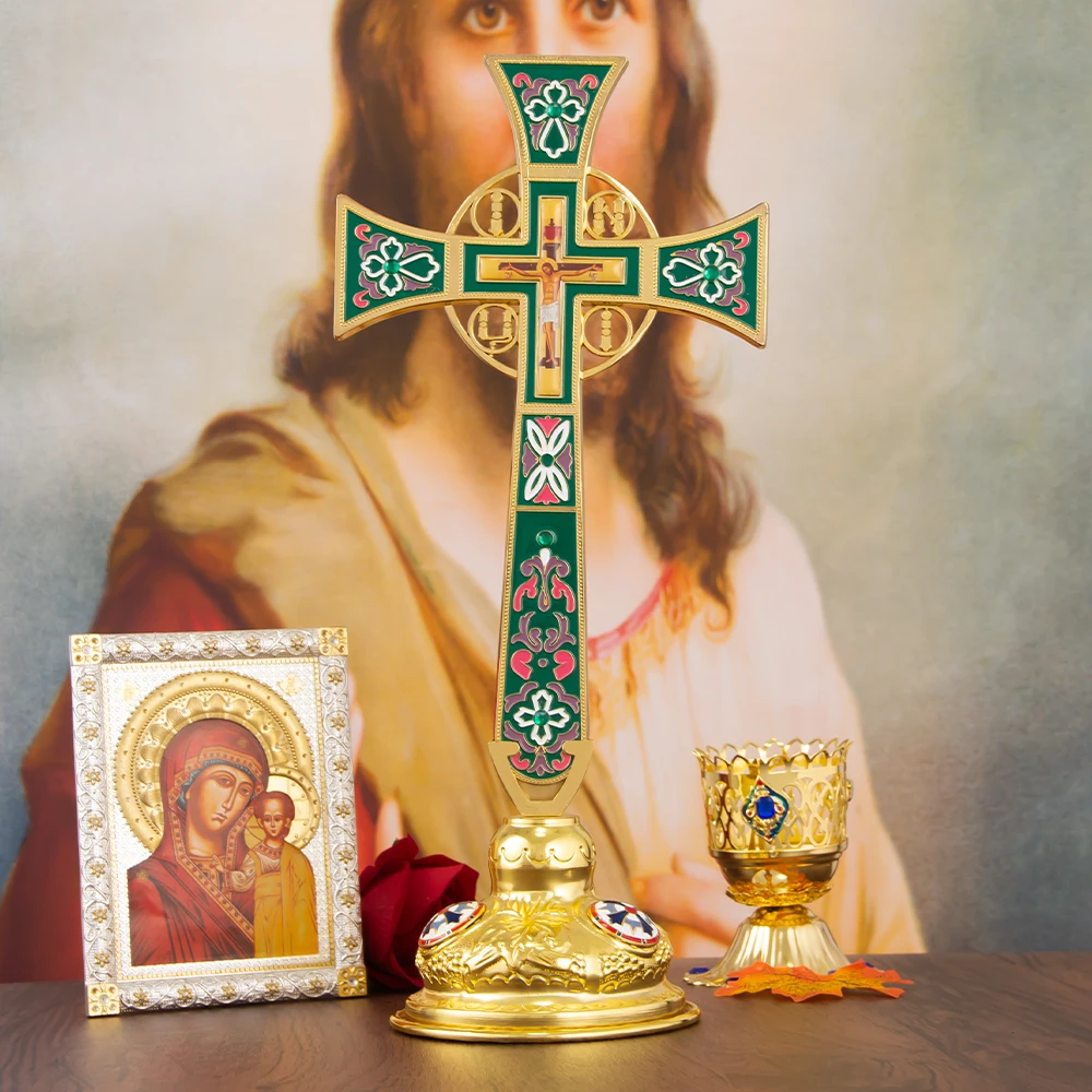 HTISOK Orthodoxes Altarkreuz im Byzantinischen Stil, Vergoldet, Emailliert, Stehendes Jesus-Kruzifix zur Kirchendekoration, Orthodoxes Kreuz – Detail 3