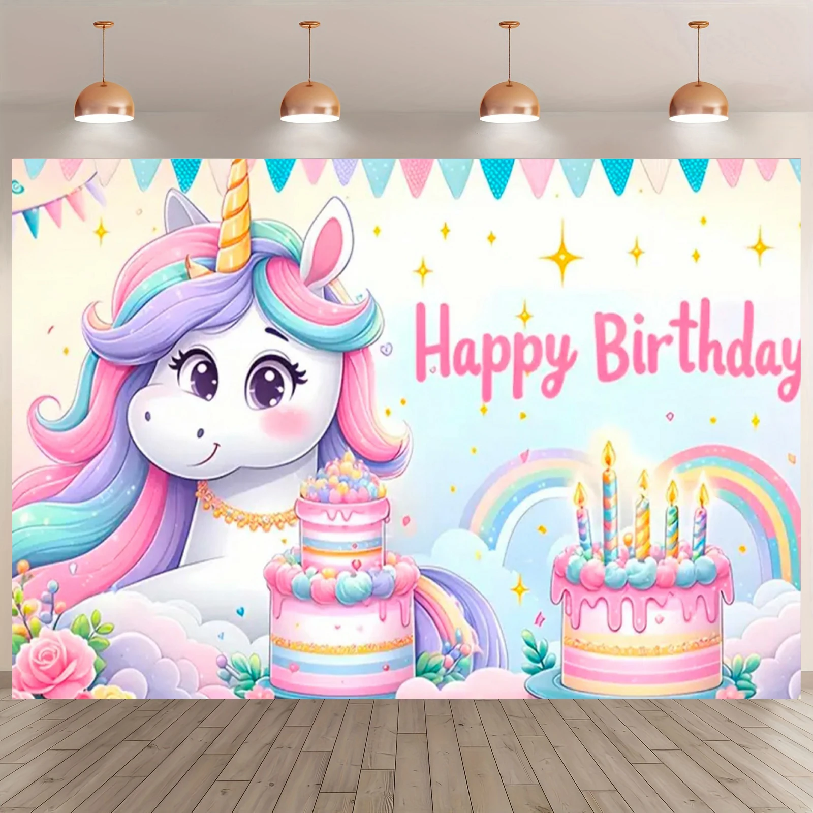 Rosa 3D Einhorn Hintergrund Mädchen Geburtstag Party Kuchen Tischdekoration Lieferungen Banner Baby Taufe Geschenk Fotografie Requisiten – Detail 5