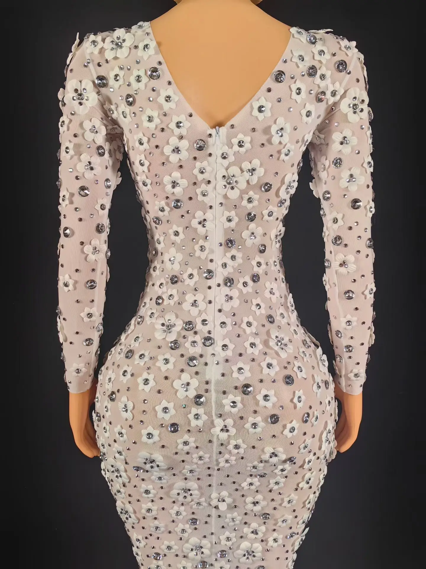 Elegant Sparkly Rhinestone Event Tight Fitting Long Dresses High-end Mysterious Party Sexy Women 3D Flower Evening Gown Cunjie