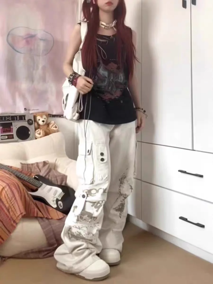 Women Off white Baggy Cargo Pants Vintage Harajuku Y2k Aesthetic Oversize Parachute Pants High Waist Wide Trousers 2000s Clothes