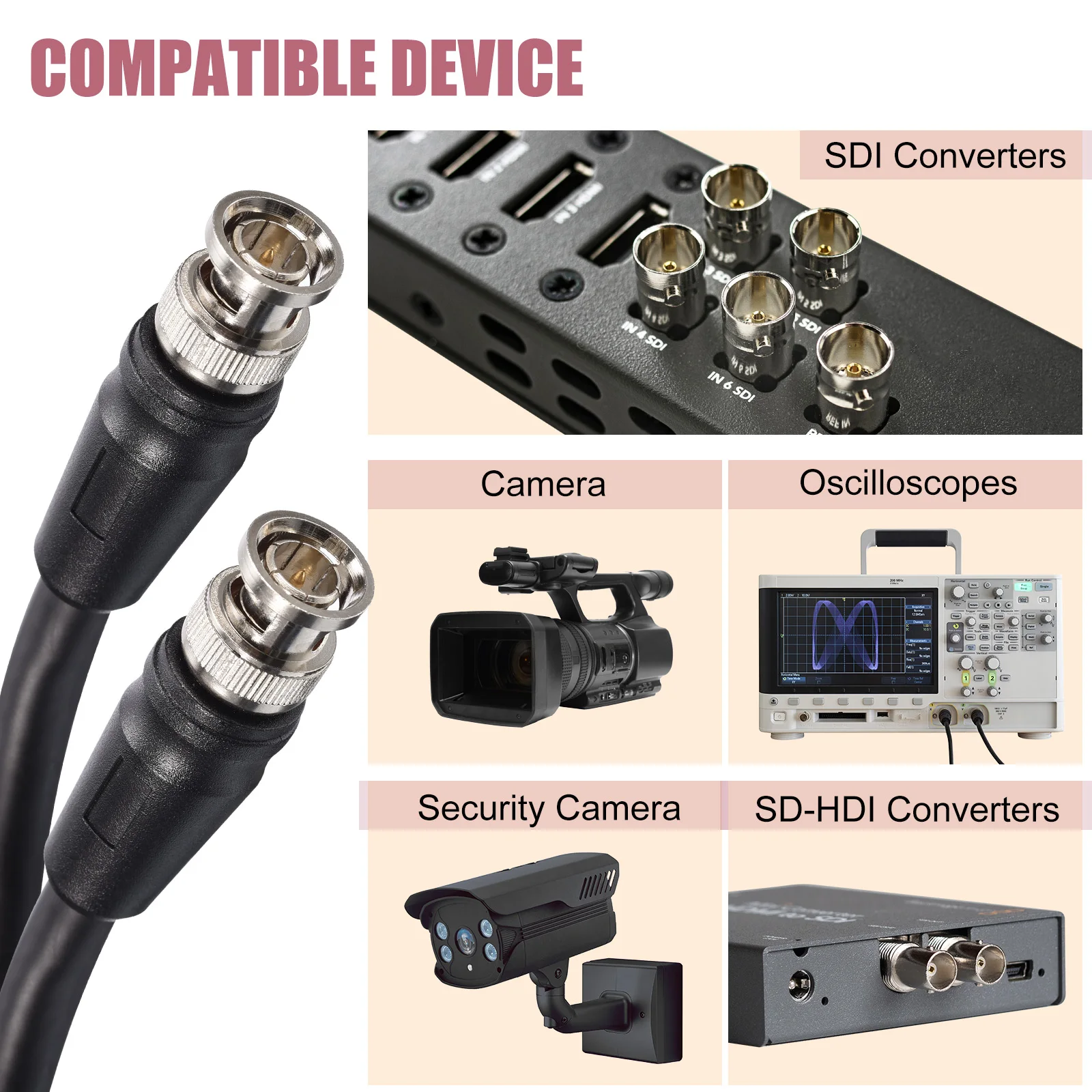 6-50FT 12G-SDI كابل 4K 60 هرتز HD-SDI كابل الفيديو 75Ohm RG6 16AWG BNC سلك كابل يدعم HD-SDI/3G/6G-SDI لمراقبة الكاميرا