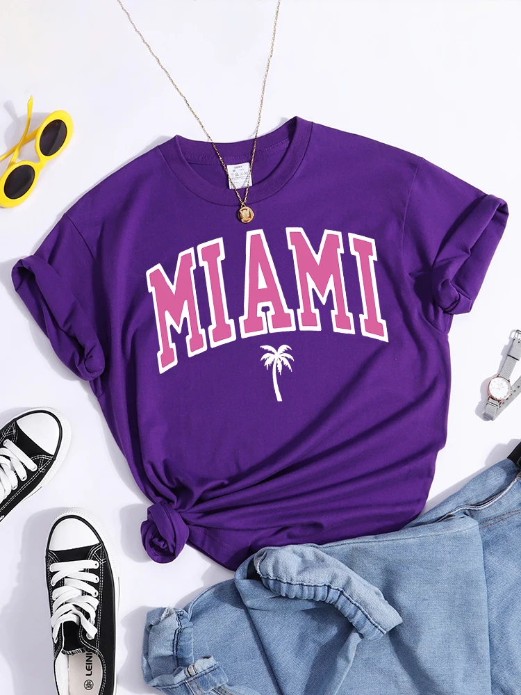 Miami Beach Print Tshirt All-Match Creativity Tshirts Fashion Individual Softt-Shirt Round Neck Comfortable Women Tee Top