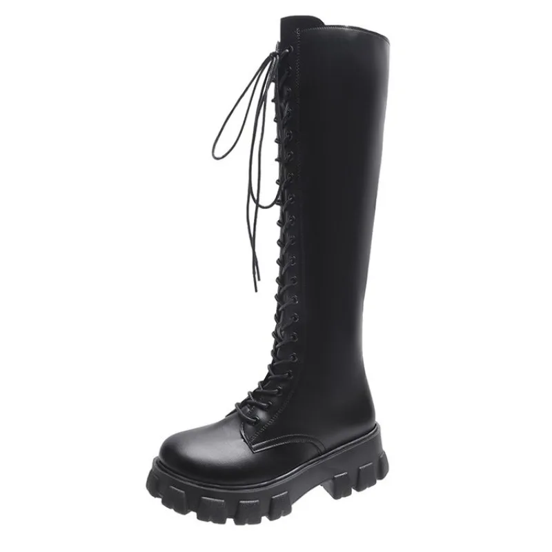 Women Knee High Boots Lace Up Combat Booties Platform Lug Sole Round Toe Side Zipper Tall Winter Streetwear Footwear Black White view 5