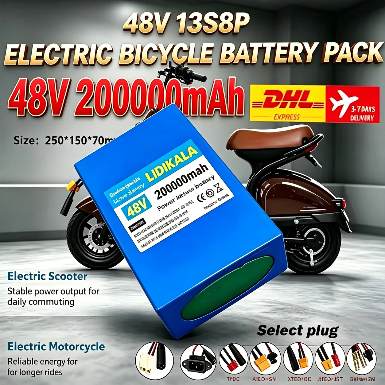 Pacco batterie agli ioni di litio da 48 V e 200 Ah, configurazione 13S8P, batteria per e-bike da 48 V e 200.000 mAh, 2000 W, con sistema di gestione della batteria (BMS) integrato da 50 A.