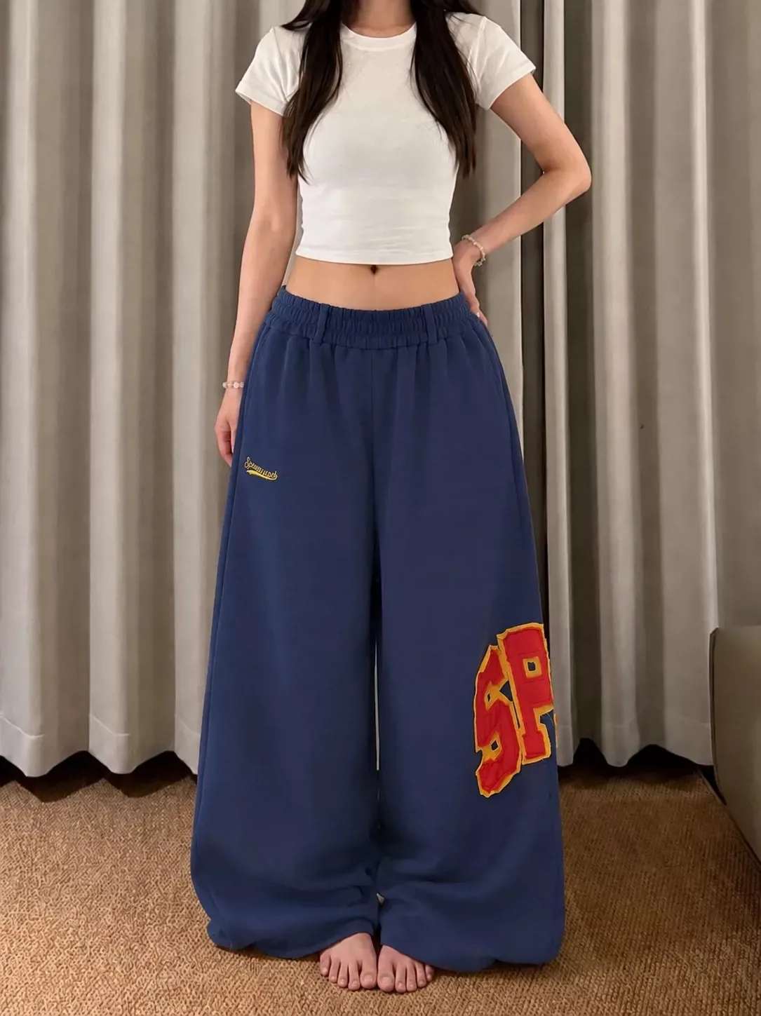 American Style Casual Pants Women's Spring Autumn Loose Drapey Jazz Dance Sports Wide Leg Trousers Letter Patchwork