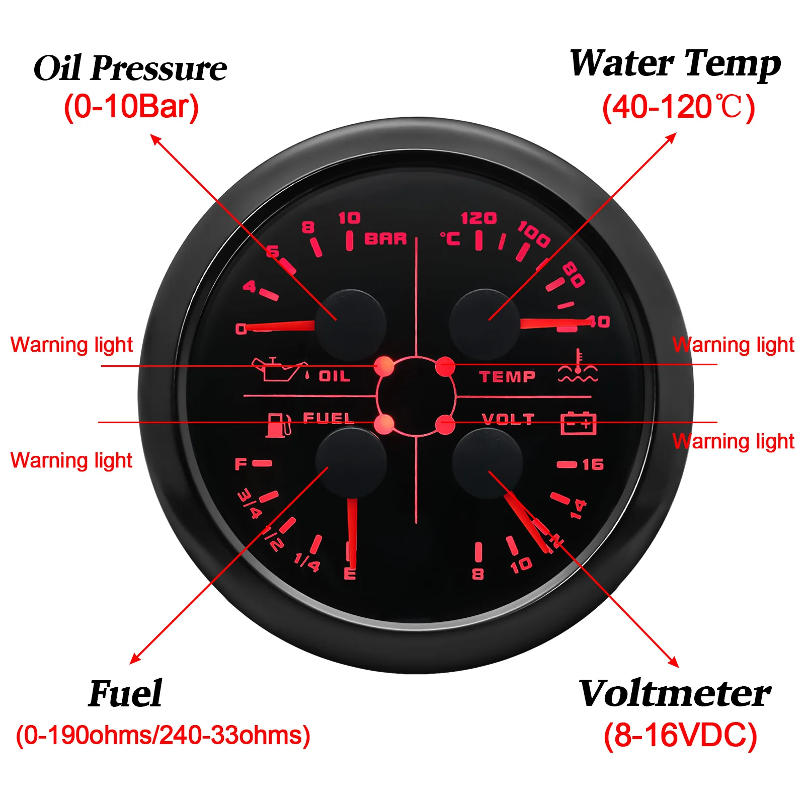 Red LED 85mm Gauge with Alarm 4 IN 1 Water Temp Meter/Oil Pressure/Fuel Gauge/Voltage+ 0-190 ohm Fuel Level Sensor 100-550mm 12V