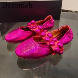 New Women's Solid Color Ballet Shoes Round Toe Metal Rivet Decor Flat Shoes Spring Autumn Genuine Leather Mary Jane Shoes