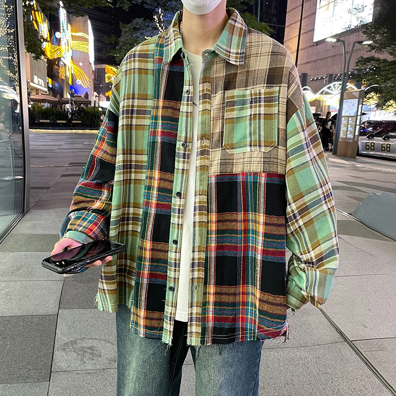 2023 Spring Shirts Men Long Sleeve Oversized Cotton Male Vintage Blouses Korean Clothing Loose Plaid Street Famous Tops C186