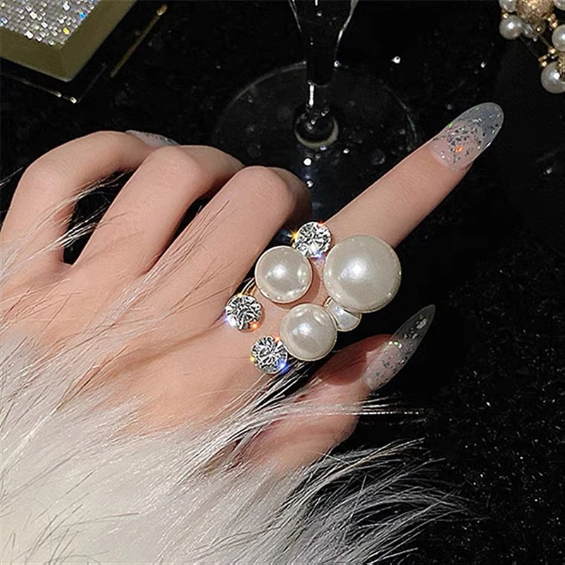 European American Exaggerated Geometric Opening Pearl Ring for Women Crystal Adjustable Irregular Ring Cool Personality Jewelry