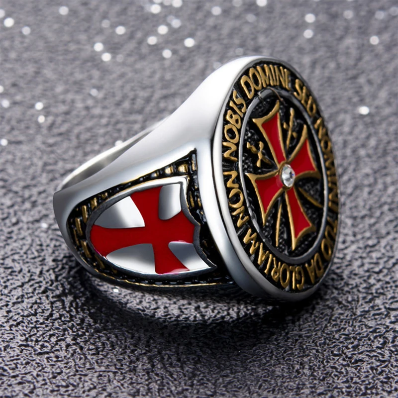 Domineering Knights Templar Rings For Men Silver Color stainless steel Red Cross Inlaid Cubic Zirconia men ring Jewellery Gift