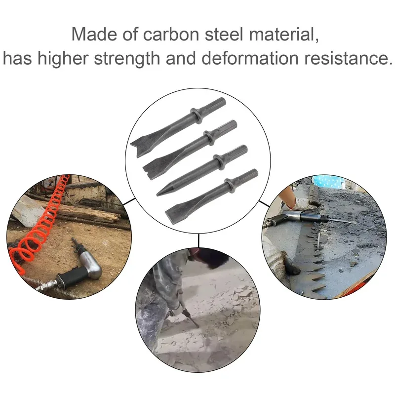 Conjunto de cinzel de martelo de ar, 4 unidades, haste hexagonal, cabeça de impacto de ar resistente para remoção de ferrugem, acessórios de ferramentas pneumáticas de corte